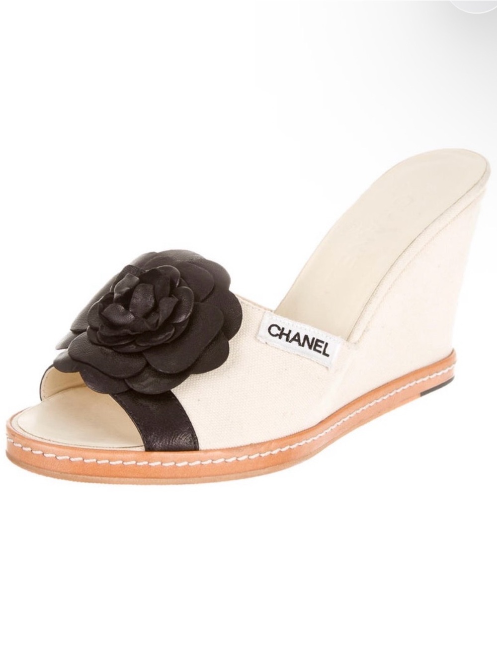 CHANEL Cream Canvas Wedge Slide with Black Camellia